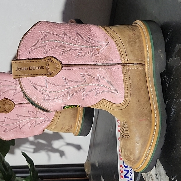 JOHN DEERE Pull On Pink Tan Leather Western Boots 12M Boys - Picture 4 of 15